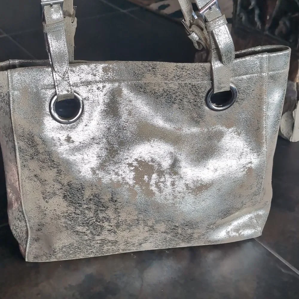 CoFi ERIN Metallic Suede XL Leather Tote Double Adj Handles In Platinum NWOT